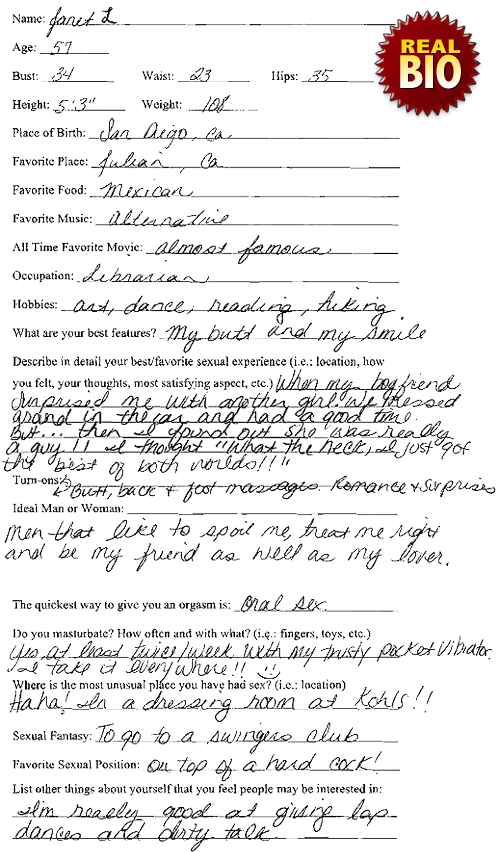 Original Hand Written Scan of Janet L's Biography - AllOver30